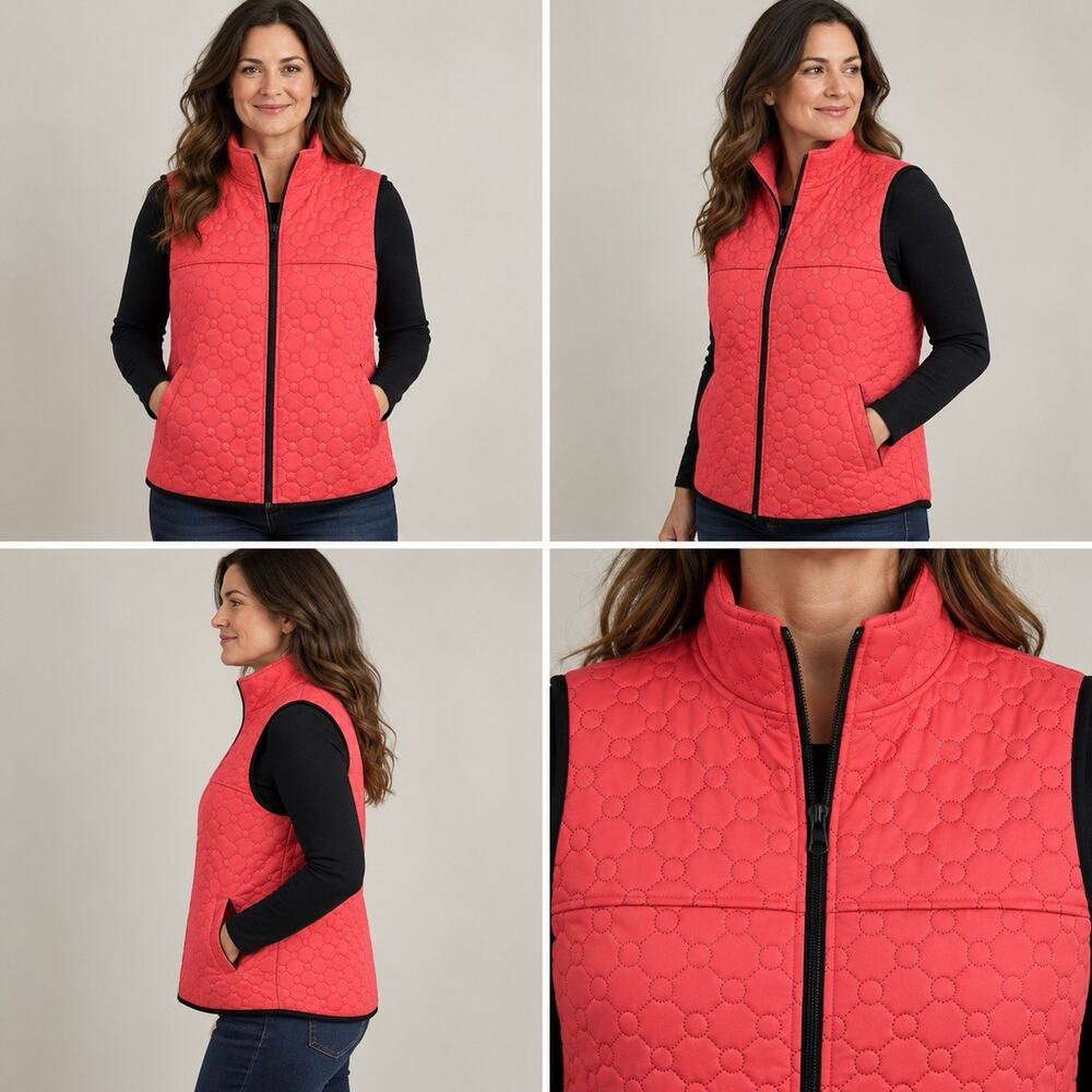 Swing Quilted Vest Womens Large Red Black Trim Full Zip Made in USA